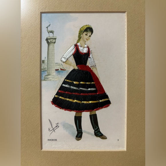 Vintage Greek dance inspired silk embroidered wood framed postcards by Isabel - Picture 3 of 12